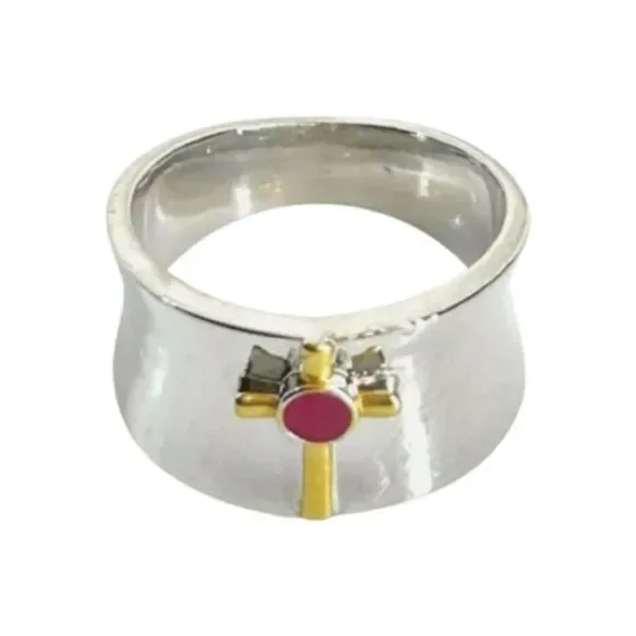 Gold Christian Cross Ring 9 Shiny Silver Wide Band Ruby Accent Two Tone NEW - Picture 2 of 5